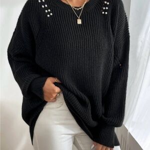 Elegant Black Sweater with Pearl Accents size S